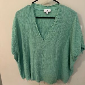 Short sleeve waffle knit turquoise top.